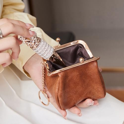 Women Retro Clip Purse PU Leather Clasp Wallet Lipstick Clutch Bag (Brown)3