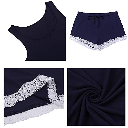 Bapooway Womens Bamboo Viscose Pajamas Soft Pajama Set Lace Trim Sleepwear Slips Tank Top With Shorts Pjs S-4X, Navy, 2X-Large #TOP4