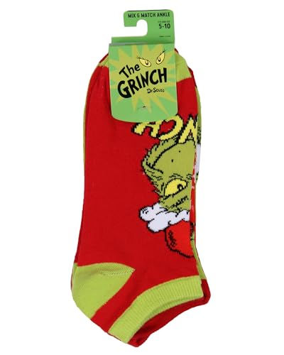 Bioworld Meias de cano baixo Dr. Seuss The Grinch Santa Christmas Naughty or Nice Pacote com 5, Mult