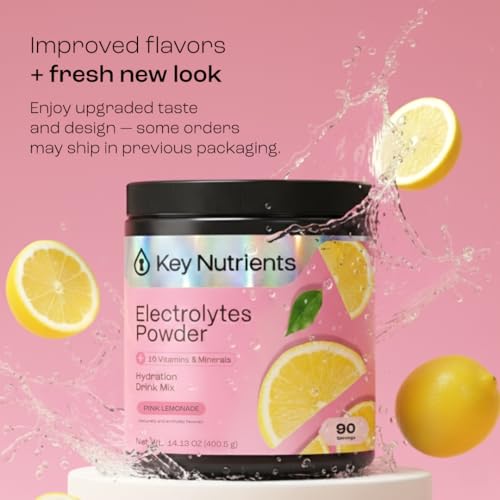 KEY NUTRIENTS Multivitamin Electrolytes Powder No Sugar - Fresh Pink Lemonade Electrolyte Powder - Endurance & Energy Supplement - Hydration Powder - No Calories - 90 Servings - Made in USA