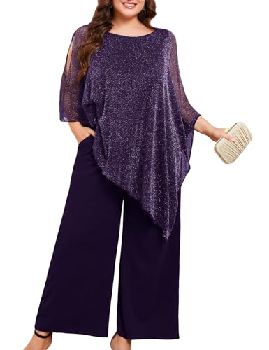 ZOMVA Plus Size Mother of The Bride Pant Suits Dressy 2 Piece Sparkly Mesh Asymmetric Cape Set Wide Leg Outfit with Pockets, Sparkly Drak Purple, 4X