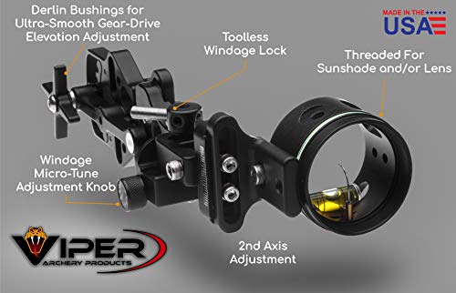 Viper Archery Sidewinder Xl Compound Bow Sight - Made In Usa - Machined Aluminum, Bright Single Pin, Toolless Quickset Gear-Drive Elevation & Micro-Tune Windage Adjustments, 0.015 Pin #TOP2
