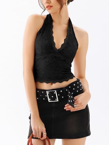 REORIA Womens Sexy V Neck Lace Halter Backless Going Out Double Lined Y2K Trendy Cropped Tank Tops3