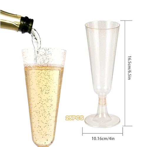 YZDZSW 25 Pcs Plastic Champagne Flutes, Disposable Prosecco Glasses, Plastic Flute Glasses for Mimosa Martini Margarita (Gold dust) - Image 2