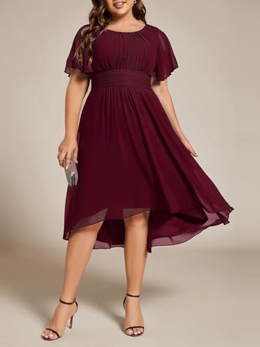 Image of Ever-Pretty Women's Plus Size Formal Wedding Guest Dresses for Curvy Women A Line Chiffon Midi High Low Cocktail Dress