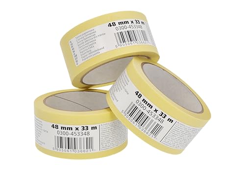 Scley Abdeckband, Kreppband Breite 48mm, Länge 33m, 3 Stück Malerband, Malerkrepp gelb, Klebeband für Malerarbeiten Serie *545*, A0303-450148