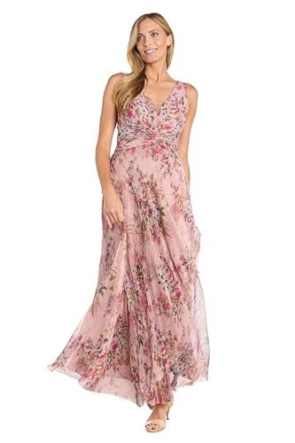Image of R&M Richards Women's Pleated Sheer Knit Floral Maxi Dress W /Ruched Waist & Cascade Detail
