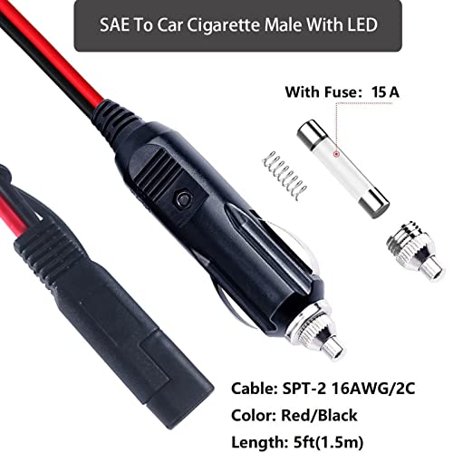 Sae To Car Male Cigarette Lighter Extension Cable - 12V-24V Heavy Duty Cord 15A Fuse Car Battery Charger Lead With Led Light 5Ft (5Ft) #TOP5