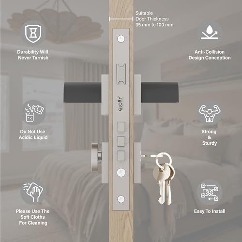 Image of GLOXY Mortise Door Lock High-Security Door Lock for Main Door & Bedroom, Durable Zinc & Brass Handle Set, 3 Brass Keys for Bathroom, Home | Satin & Black Finish (2 Years Warranty, Pack of 1)