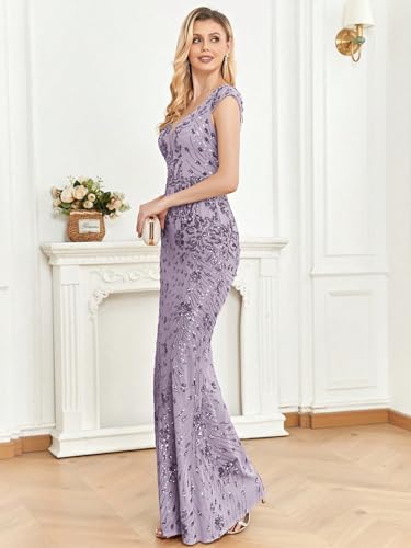 Image of Womens Sequined Long Evening Gown Glamous Sleeveless V-Neck Mermaid Prom Dress for Wedding Party Club Occasions