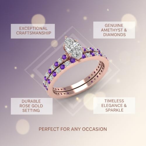 Image of 55Carat Choose Your Gemstone Marquise Shape 14k Rose Gold Plated Classic Delicate Diamond CZ Handmade Fashion Jewelry Party Wear Daily Wear Ornament Gifts for Wife Wedding Ring Sets : US Size 4 to 12