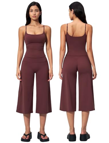 ABOCIW Workout Sets for Women Two Piece Spaghetti StrapsTank Top Matching Wide Leg Capri Gaucho Pants Gym Sets Woman Yoga Pilates Outfits Active Wear Athletic Work Out Clothes Tank Velvet Mocha Small