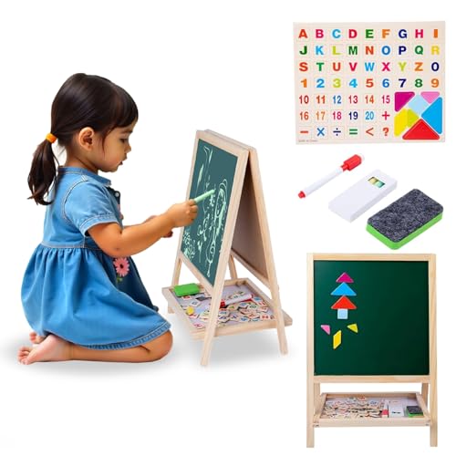 Image of Newdru SketchBoard Pro Double-Sided Kids Drawing Board with Chalk & Marker Surfaces | Wooden Frame with Height Adjustable Drawing Stand for Kids Learning - Gifts for Toddlers - 27 x 40cm