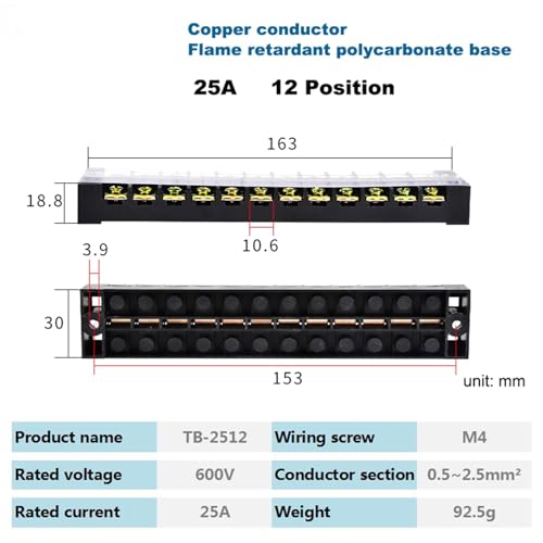 Bloque de terminales para cable fijo de 600V con regleta de tornillo de 12 posiciones 2