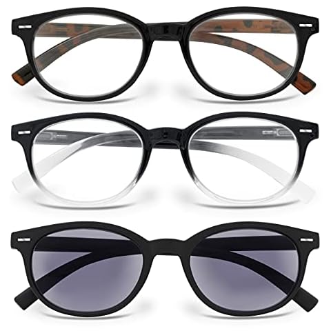 Betaview 3 Pack Round Reading Glasses for Men and Women (+2.0) | Assorted Colours | Quality Unisex Reading Glasses | Lightweight Readers with Spring Hinges | 2 Black Pair Sun Reader with UV Protection Cover