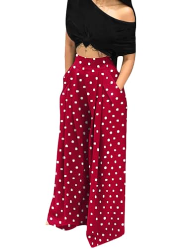 Chatinction Women's Casual Palazzo Pants High Waist Pleated Polka Dot Printed Wide Leg Pants with Pockets