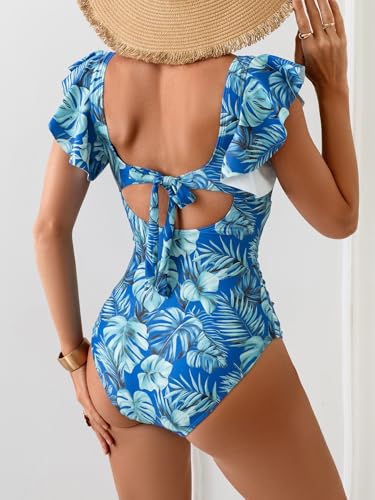Image of Eomenie Womens Ruffled One Piece Swimsuit Slimming Tummy Control Bathing Suit V-Neck Cutout Swimwear for Resort Wear