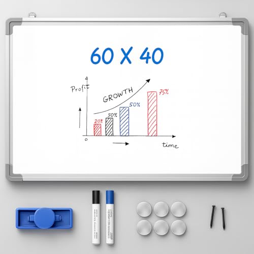 Lavagna Magnetica Bianca Cancellabile Con Cornice In Alluminio Di 60x40 Cm Ideale Per Ufficio, Casa, Scuola Con Set Di Accessori: 2 Pennarelli (Nero E Blu) + Cancelino + 6 Magneti Colorati + 2 Chiodi.