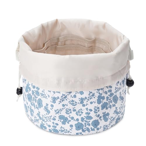 Narwey Barrel Drawstring Floral Makeup Bag Large Cosmetic Bag Make up Bags Toiletry Bag Travel Bags for Toiletries Organizer for Women Gift for Teen Girls (Large, Little Blue Flower)