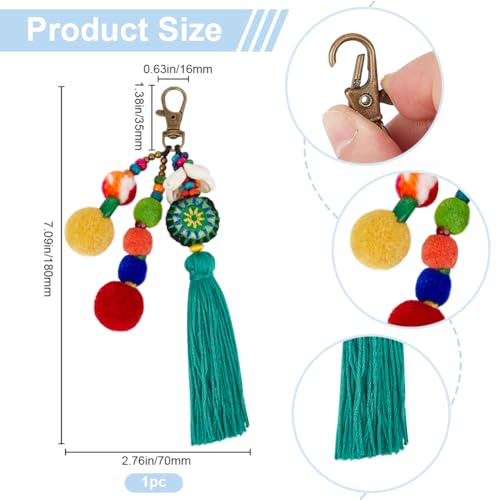 Beebeecraft Boho Keychain Green Tassel Bag Charm Pompom Wood Bead with Swivel Clasp Pendant Decoration Hanging Ornament for Women Gift - Image 2