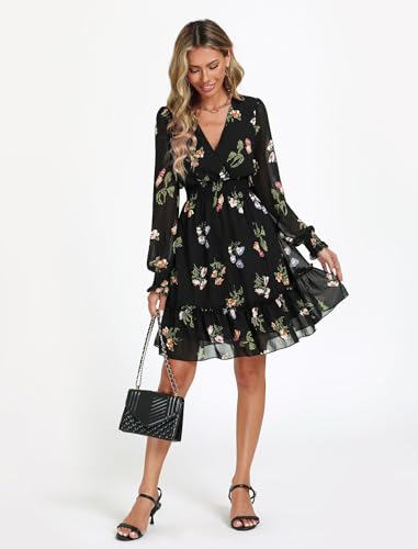 Prettywear Women's Floral Chiffon Long Sleeve Mini Dress Flowy A-Line Wrap Neck Tie Back Short Dress3