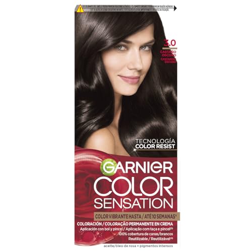 GARNIER - Pack 4 Color Sensation Tinte Permanente 3.0 Castaño Oscuro, Color Intenso y Brillo Espejo, Cobertura 100% de Canas con Aceites Florales