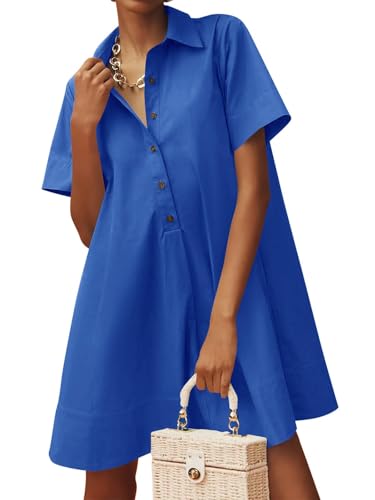 Wenrine Womens Button Down Shirt Dress Summer Oversized Short Sleeve Casual Collared V Neck Mini Dresses Blue