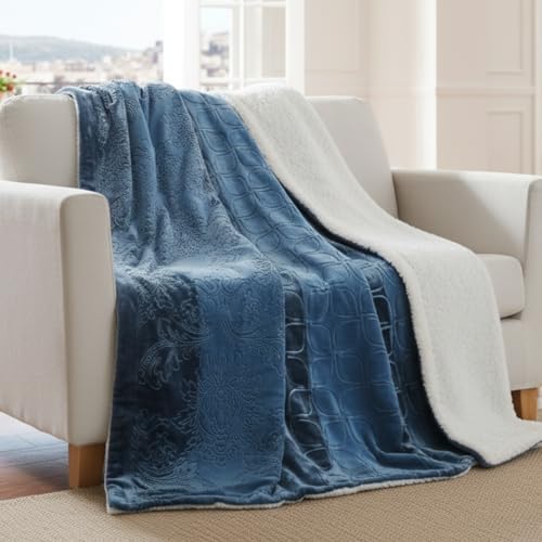 Tache Blue Grey Throw Blanket - Rainy Day - Elegant Embossed Solid Super Soft Warm Luxury Decorative Dusty Blue - Twin Size - 50x60 Inch