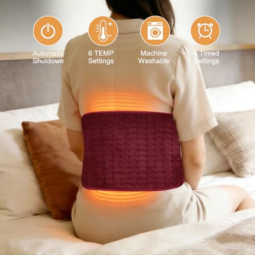 Image of Electric Heating pad for Back Neck Shoulder Knee Arms Legs- Electric Heat Pads with 6 Heat Settings & Auto Shut Off &Dry /Moist Heat Heating Pad for Birthday Mother Father Girl Men Women, Dark Red
