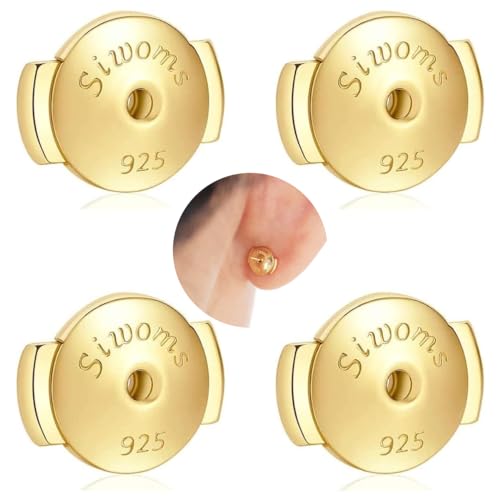 2-Pairs Locking Earring Backs Replacements - 14K Gold Plated Silver Earring Backings for Studs, Hypoallergenic, Secure No Fading Comfort