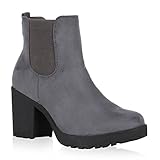  stiefelparadies Damen Stiefeletten Chelsea Boots Wildleder-Optik Schuhe High Heel Booties Kurzschaft-Stiefel Profilsohle 110409 Grau 38 Flandell