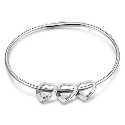 gors Pulseras de Barra Personalizadas con Nombre Grabado para Mujer,Brazalete de corazón de Acero Inoxidable,para el día de la Madre (Plata)