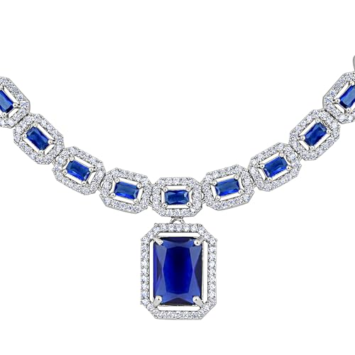 Image of ASMITTA Jewellery Rhodium-Plated Square American Diamonds Studded Pendulous Necklace with Earrings Jewellery Set for Girls Womens