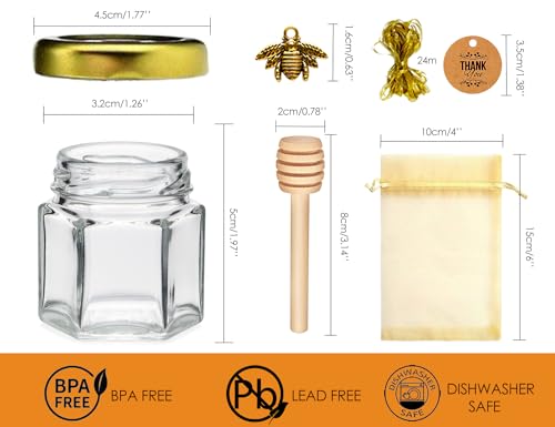 Ahhute 40 Pack Mini Honey Jars with Dipper - Glass Honey Jars Party Favors & Wedding Favors - Gold Lid, Bee Pendants, Gold Fabric Ribbons, Dishwasher Safe