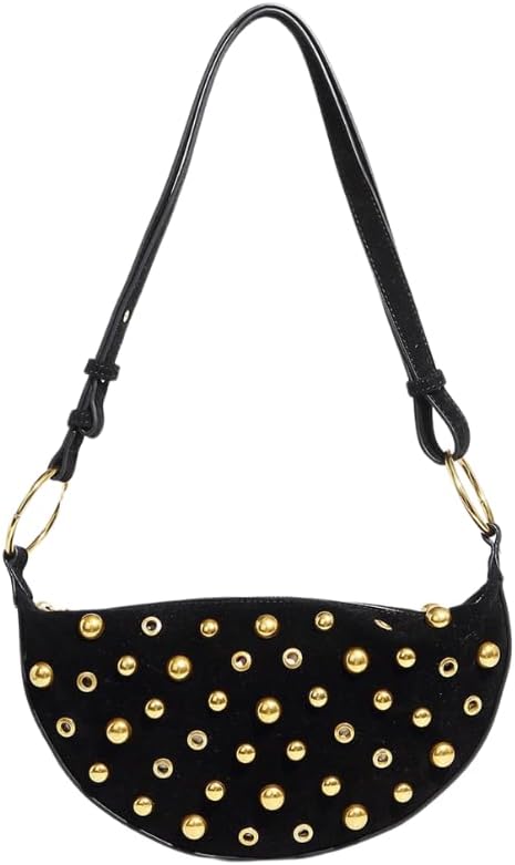 Studded Shoulder Purses for Women Gold Studs Punk Rock Y2k Suede Purse Handbags Trendy Purse 2025 (Black)