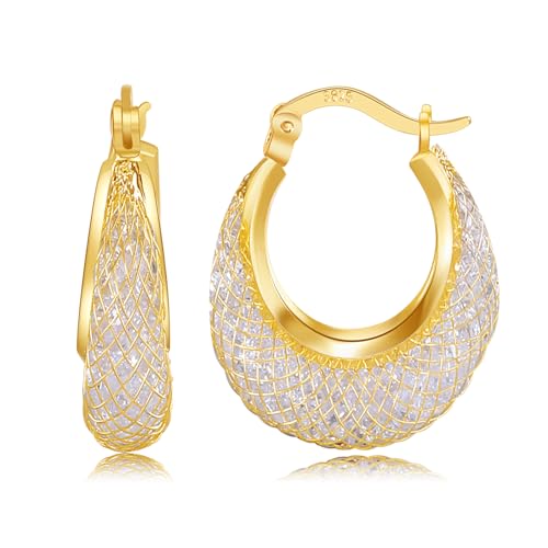 14K Gold Plated 23–25mm Lightweight Mesh Hoop Earrings for Women, Cubic Zirconia, 925 Sterling Silver Post, Hypoallergenic