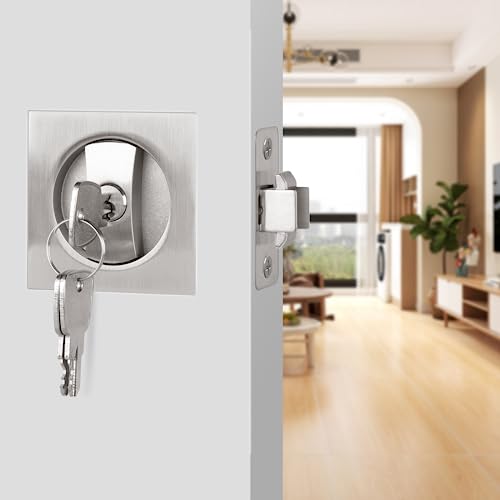 Aglehome Square Pocket Door Lock, Satin Nickel Pocket Door Hardware, Sliding Pocket Door Lock with Key, Flush Pocket Door Latch for Bed/Bath