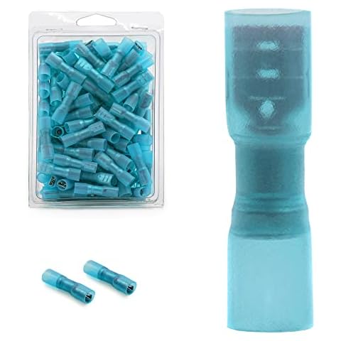 Rebuild Skills 100 pcs Female Blade Spade Connectors .25" (1/4'') 6.3mm 16-14 AWG Blue, Heat-Shrink Insulated Quick-Disconnect Electrical Crimp Terminals Cover
