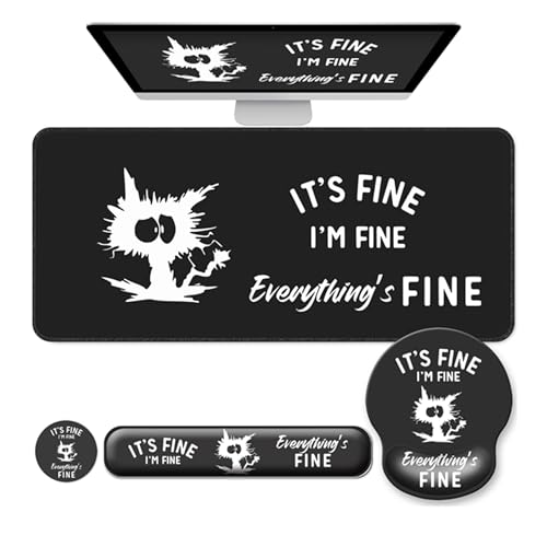 Desk Mat Set + Keyboard and Mouse Pad with Wrist Rest Support,4-in-1 Large Mousepad Computer Mats for Desktop Home & Office-It's fine I'm fine Everything is fine