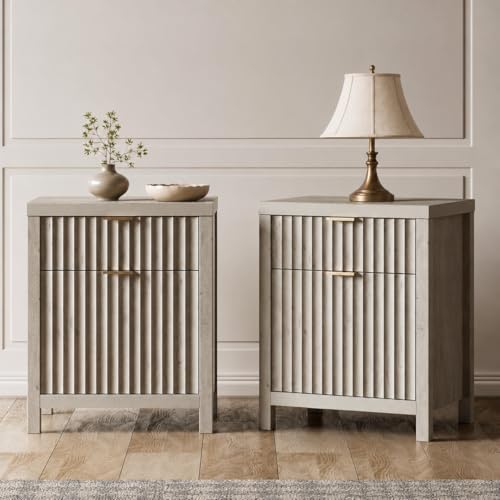 Image of Walsham Fluted Nightstands Set of 2 with Charging Station, Grey Oak