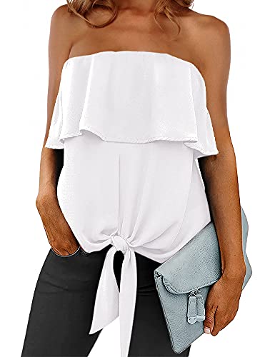 HIOINIEIY Womens Summer Ruffles Tie Front Blouse Chiffon Strapless Sleeveless Tiered Tube Tops Shirts Tie Front White M