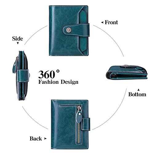 Image of Falan Mule Women's Wallet, Genuine Leather, Bifold, RFID Blocking, Peacock Blue, 10 Slots, 2 Windows, 1 Zipper Pocket, 2 Compartments