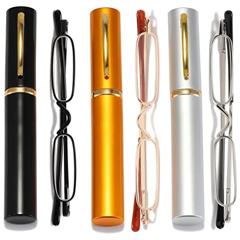 MMOWW Pack of 3 Mini Reading Glasses Men Women Super Lightweight Metal Pocket Reader with Portable Pen Case Small Slim Lightweight Reading Aid Eyewear, Black, gold, silver Cover