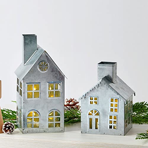 LampLust Farmhouse verzinkte Zinnhäuser mit Lichterkette, 2er-Set, verzinkte Hauskerze mit Metalldach und Fensterausschnitten, perfekt für Urlaub und Weihnachtsdekoration, Tischkamin-Laterne Cover