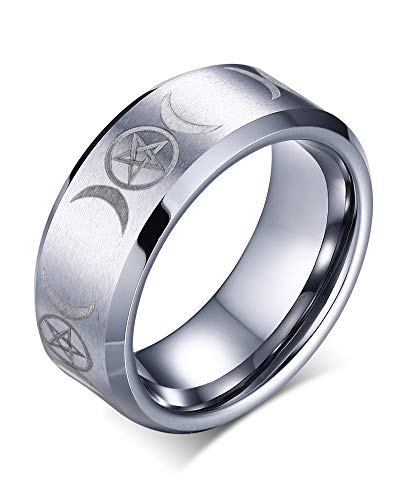 PJ JEWELRY 8mm Tungsten Carbide Wicca Pagan Triple Moon Goddess Wedding Bands Engagement Ring for Men Women