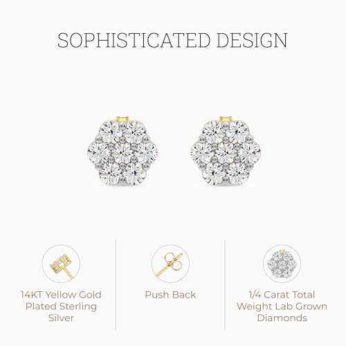 Gilded Lab-Grown Diamond 7 Stone Flower Earrings for Women in 925 Sterling Silver and 14KT Yellow Gold Plated Silver | Hypoallergenic Fine Jewelry | Hinged Closure | SI1 Clarity, F Color |1/4,1/2, 1,2 Carat Total Weight3