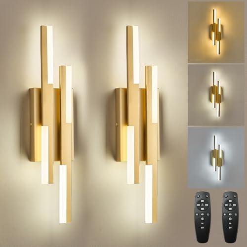 Image of Benkut Modern LED Vanity Lights Set of 2, Gold Wall Sconce with Remote Control Dimmable Indoor Wall Light Bedside Remote Sconce for Bedroom Bathroom Living Dining Room (2 Pack H19.7'')