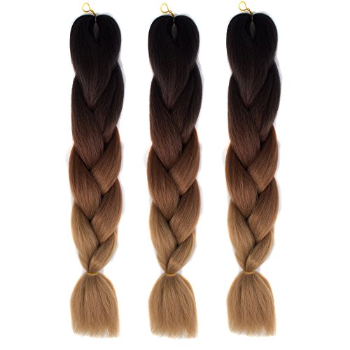 Alay&me Synthetic Braiding Hair Extensions Kanekalon Hair Ombre Twist Braiding Hair High Temperature Hair Extensions 3Pcs/Lot 100g/Pc 24" (60CM) (Black to Dark Bown to Light Brown)