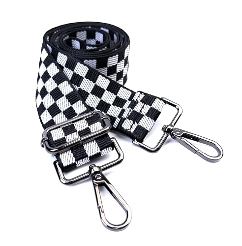 Image of Black White Checkered Purse Strap with Gunmetal Black Hardware 1-1 /2 Inch Wide Replacement Crossbody Guitar Style Shoulder Strap for Handbags Totes