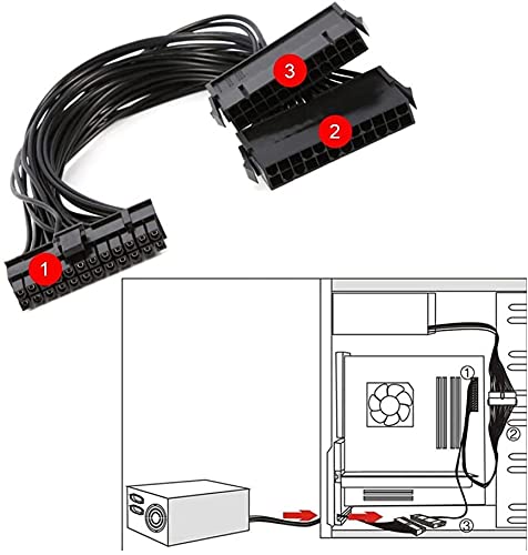 Image of Pi+ (PiPlus) 24 Pin 20+4 Dual Multiple PSU Power Supply Cable Splitter Adapter 1 Feet 18AWG for ATX Motherboard Extension Kit (1x24P(20+4) Male Port and 2x24 Pin Female Ports) - Black - 1 Unit
